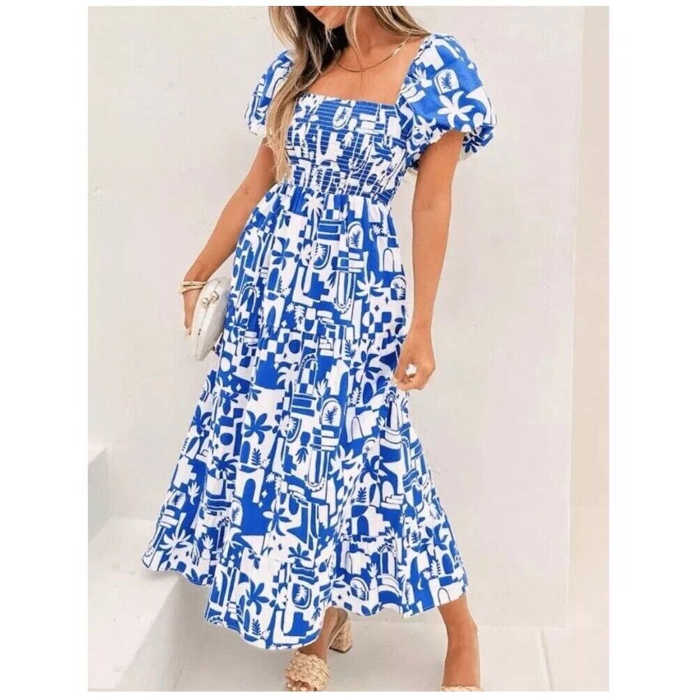 Show Me Your Mumu Afternoon Tea Blue White Santorini Midi Dress Puff Sleeves